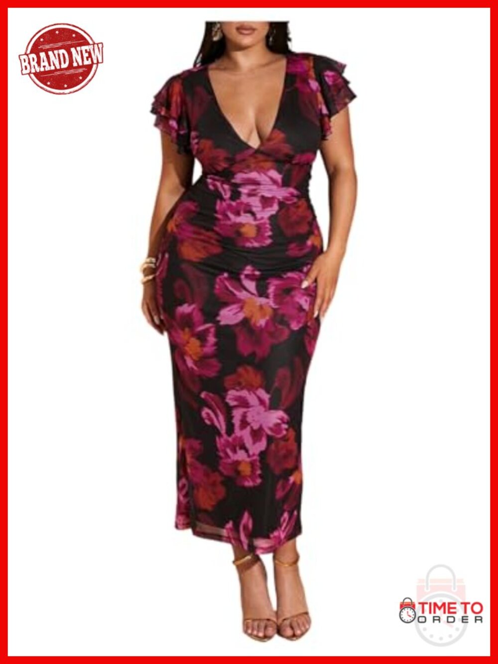 Plus Size Floral Maxi Dress Short Sleeve V-Neck Bodycon Summer Party